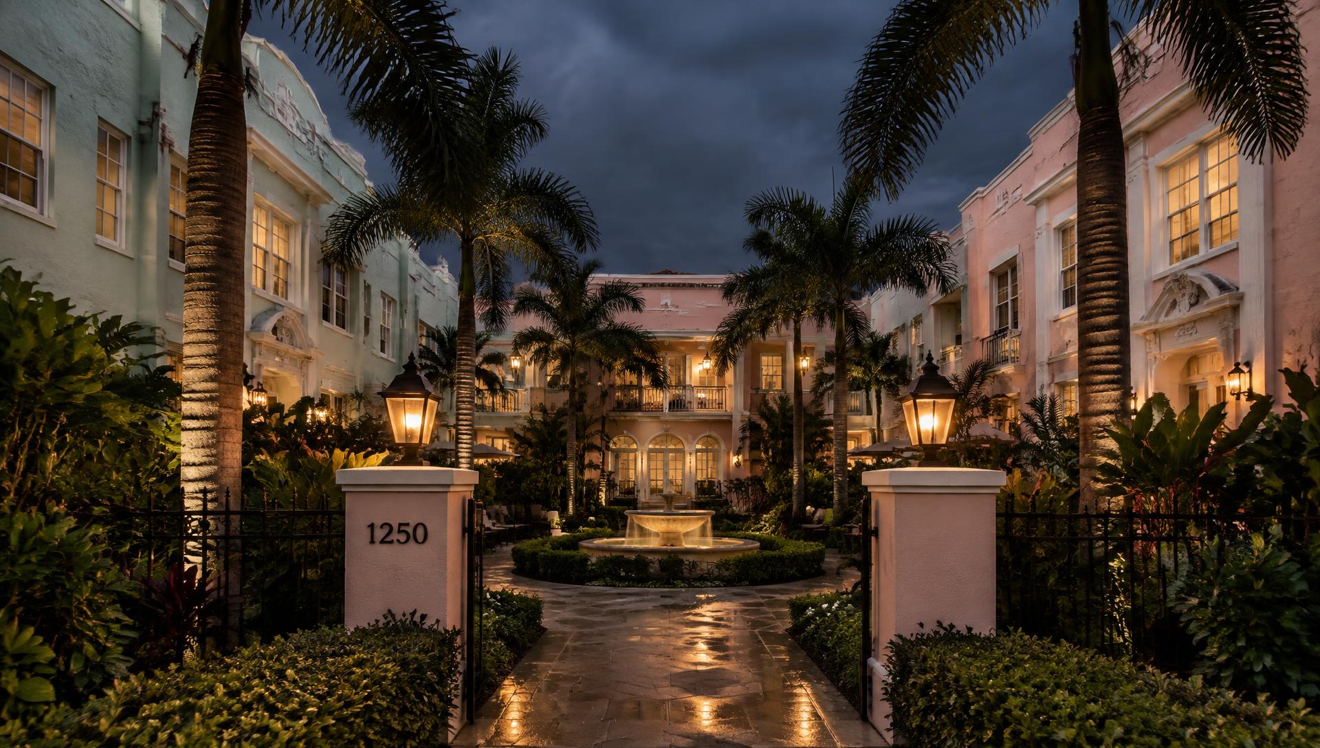 Restored pastel courtyard multifamily property at dusk